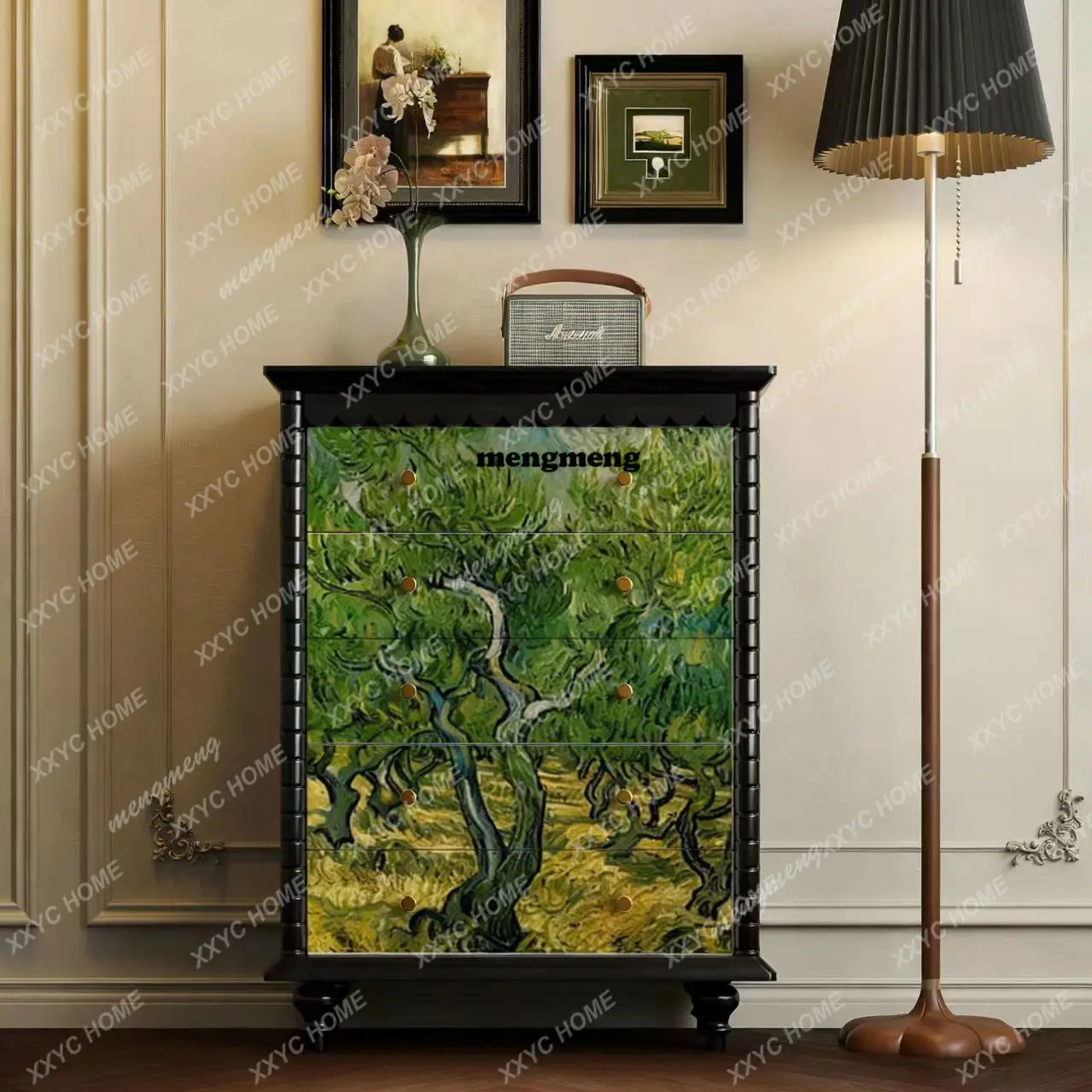 

DVChinese classical flower and bird pattern chest cabinet living room bedroom locker solid wood drawer cabinet
