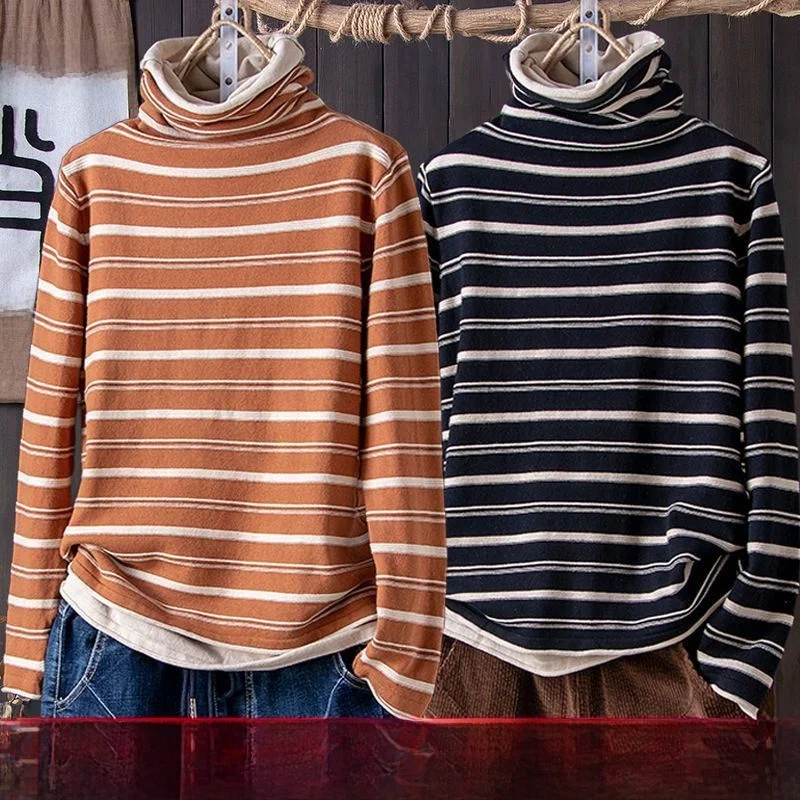 

Women's Fleece Lined Half High Neck Stripe Base Shirt Two-Piece Set Warm Top for Autumn Winter Commute Style Loose Fit