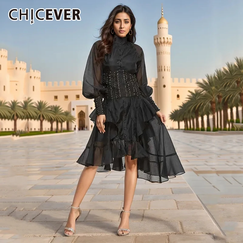 

CHICEVER Luxuary Designer Midi Dress For Women Stand Collar Lantern Sleeve High Waist Printing Spliced Ruffle Hem Dresses Female