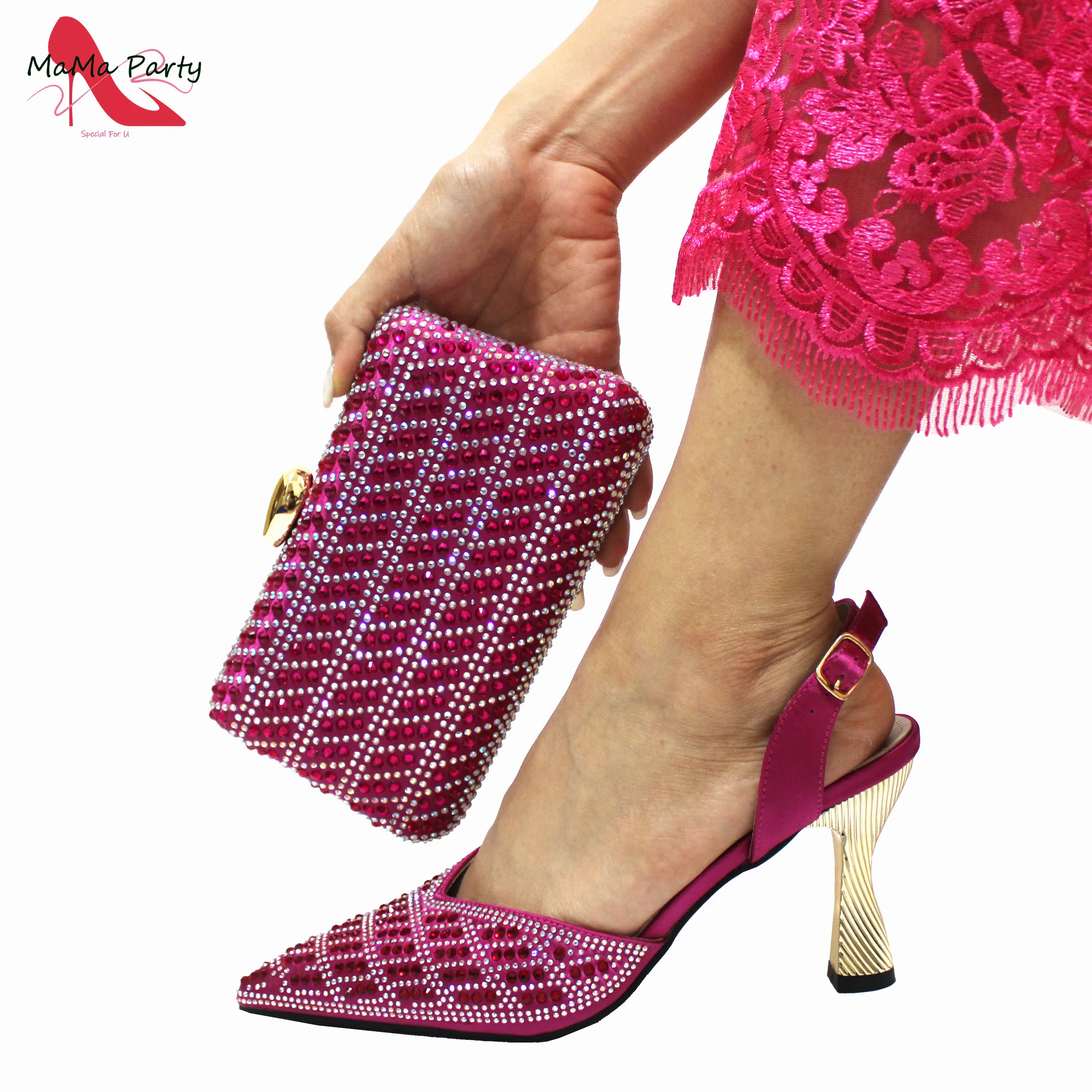 2024 INS Hot Sale New Design Full Crystal Italian Women Shoes and Bag Set in Magenta Color High Quality For Party