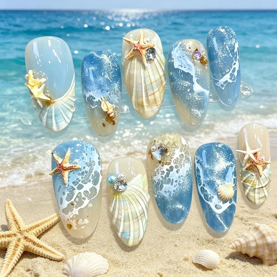 10 uñas press-on con ola oceánica 3D, azul y nude playa, con concha y estrella de mar, brillantina, para verano 2