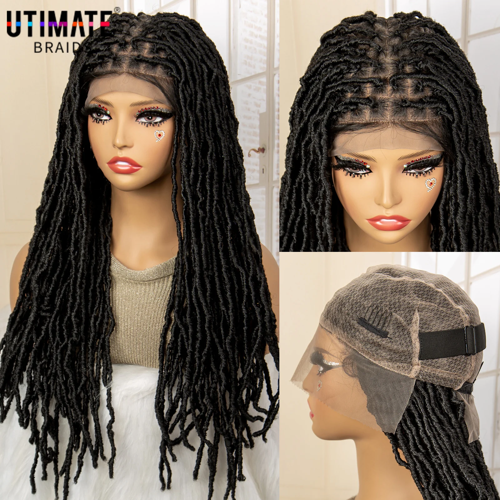 Perruques tressées Full Lace Locks pour femmes noires, 24 pouces, tresses Dreadlock sans nœuds, perruque de tressage en dentelle synthétique