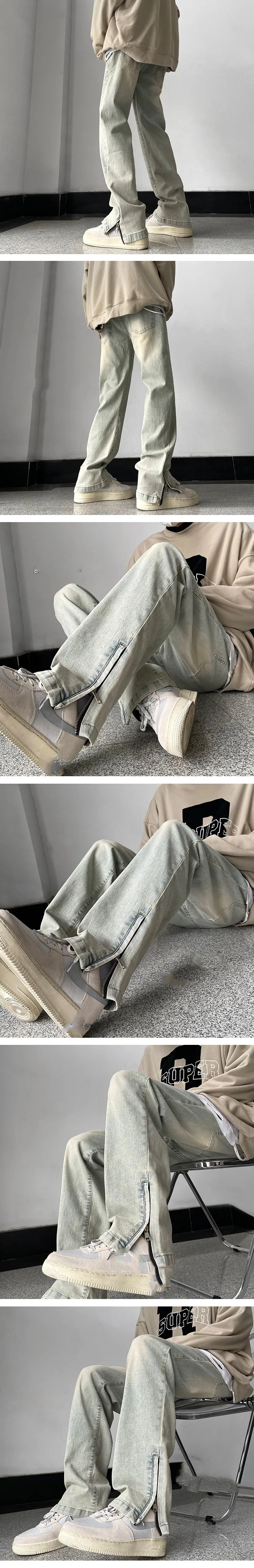 Amerikanischer High-Street-Stil Herren Vintage Washed Distressed Baggy Jeans mit Seitenreißverschluss-Design Frühling Herbst Lässige Denim-Hose – Detail 5