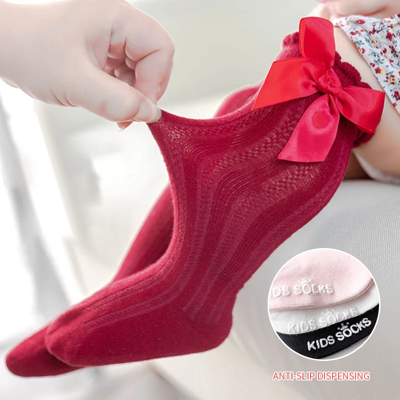 Chaussettes longues en dentelle de coton avec gros nœud au genou pour enfants, chaussettes douces pour tout-petits, nouveau, livraison directe