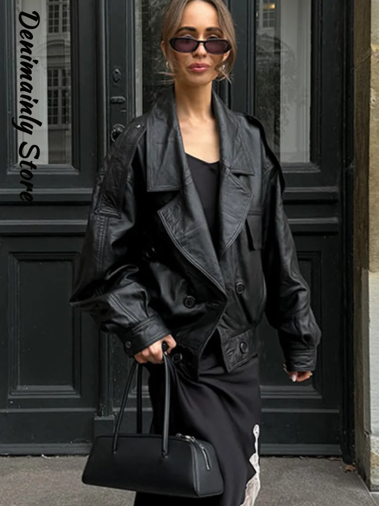 

Fashion Lapel Double Breast Leather Jacket Women Black Pocket Long Sleeve Street Jackets 2025 Autumn Lady Loose Outwears New