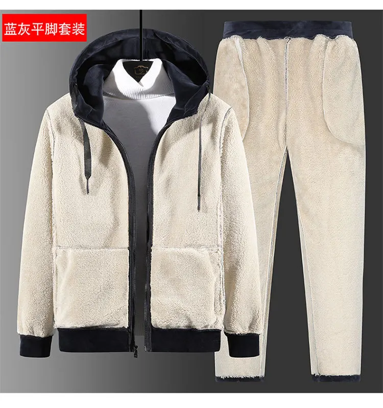 Herren Samt-Sherpa-gefütterter Trainingsanzug, Kapuzenjacke mit Reißverschluss, Jogginghose mit Kordelzug, Winter, dick, warm, Fleece, zweiteiliges Freizeitoutfit – Detail 10