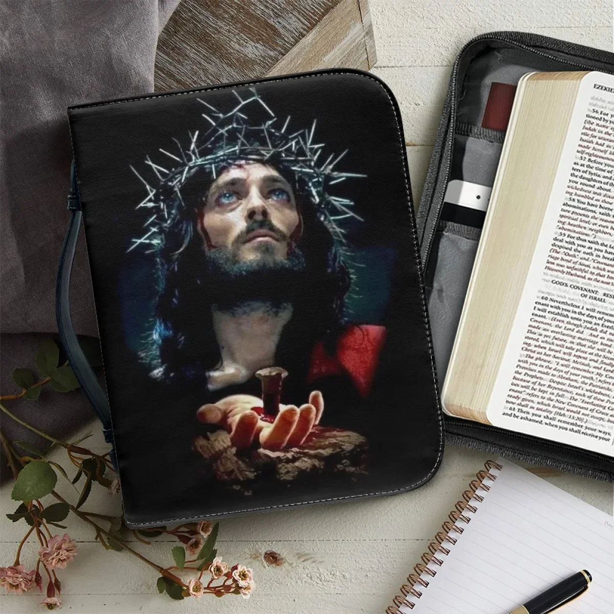 

King Jesus Pattern Print Handbags for Women Leather Zippered Handle Bible Bag Hot Practical Bible Study Book Holy Storage Boxes