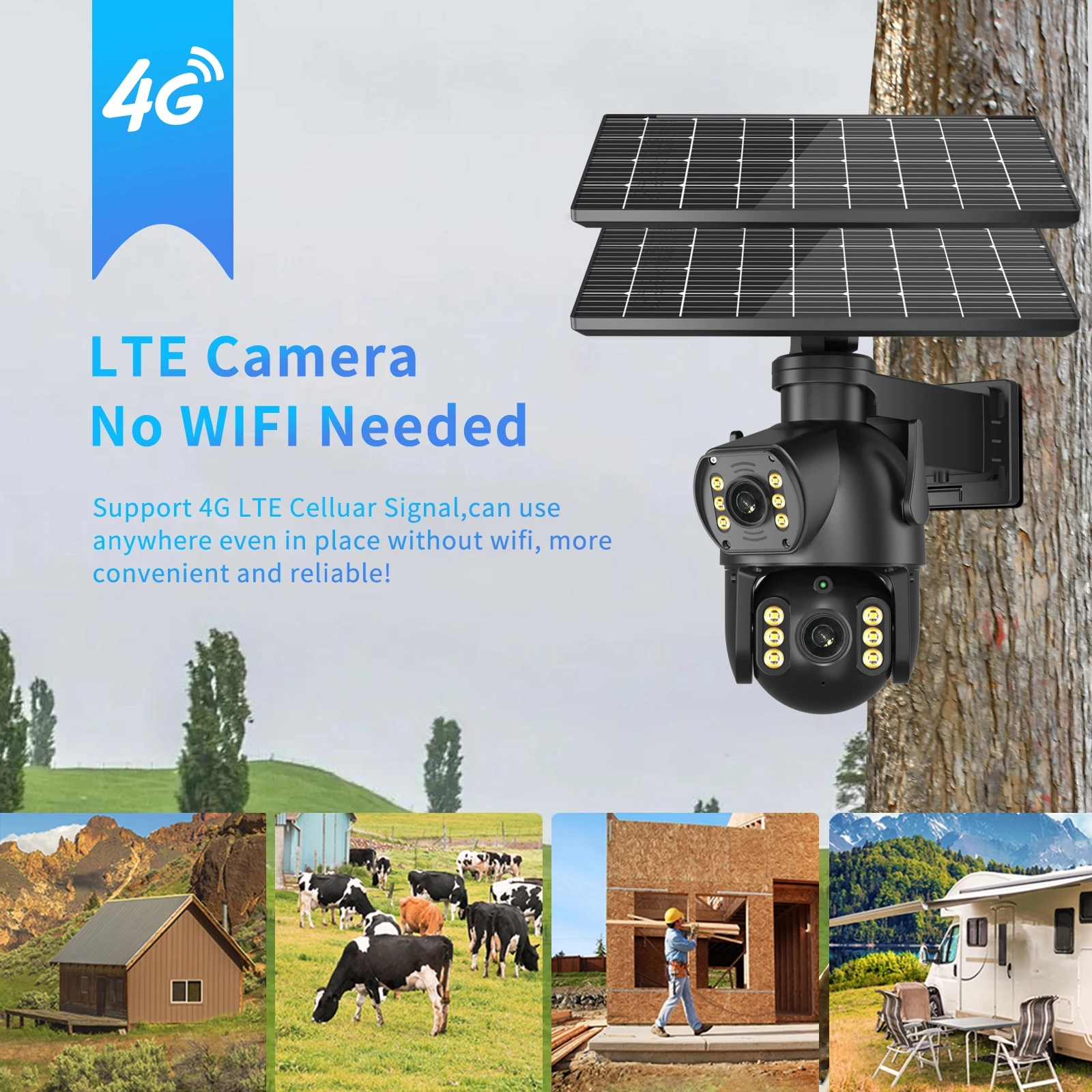 P18 4K 8MP Solar Outdoor 4G Camera 64GB Card Dual Lens Binocular Camera PIR Human Body Sensing Automatic Tracking Solar Camera ﻿