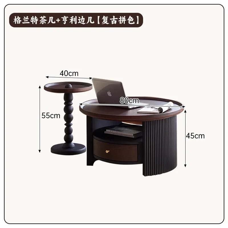 Streng ausgewählte französische Retro-Couchtisch-Seitenkombination aus Massivholz, kleiner Wohnzimmer-Sofa-Rundtisch