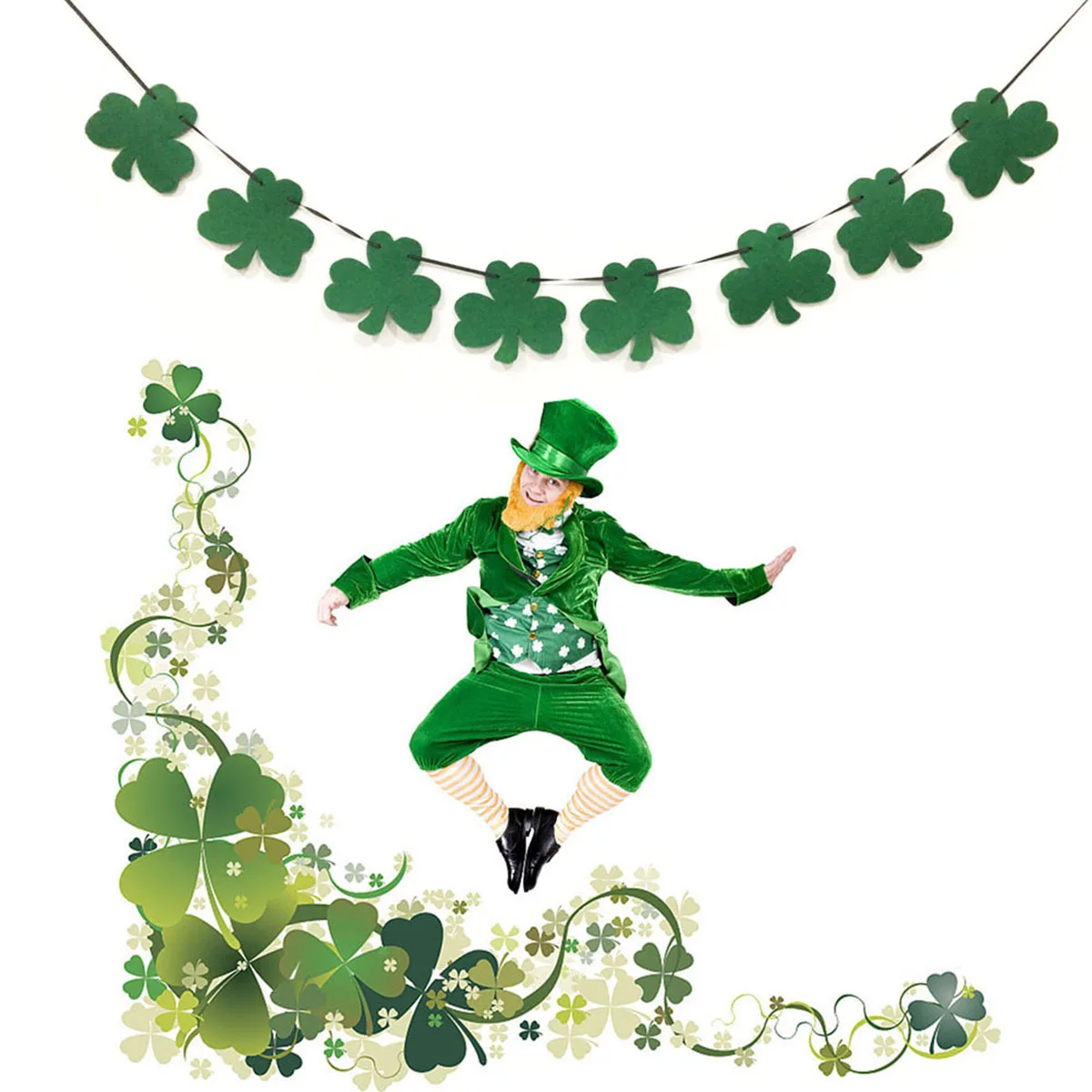 

Felt Shamrock Garland Large Size Ready to Hang with Long Rope for St Patricks Day Decor Wall Mantle Reception Table Party