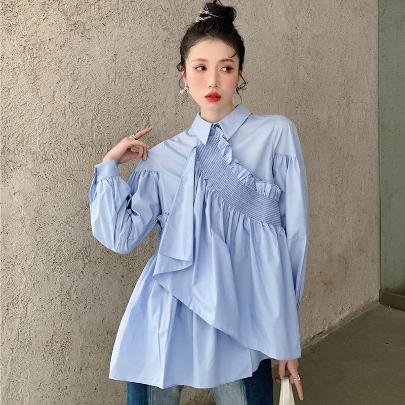 

Women's Blue Long-Sleeve Shirt Asymmetric Ruffled Design Pullover Casual Top Spring Autumn new Niche Harajuku Preppy Style Cloth