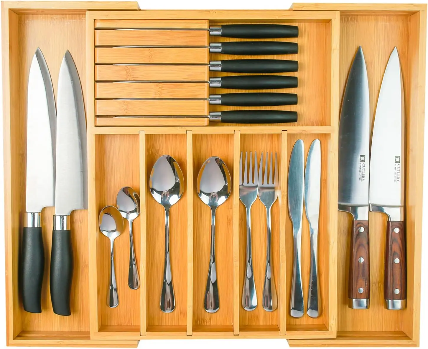

Wencrfat Silverware Drawer Organizer with Removable Knife Block and Dividers, Expandable Bamboo