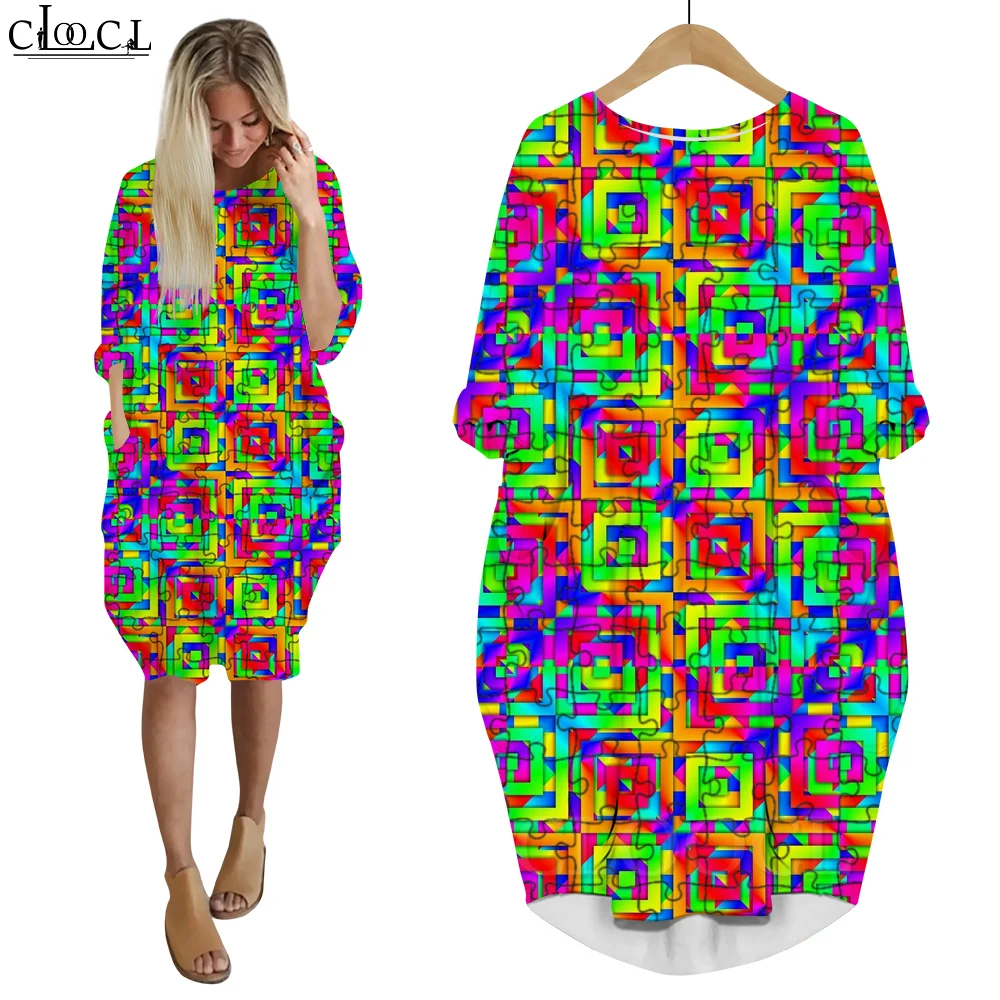 CLOOCL, vestido camisero para mujer, verano, cuello redondo, hasta la rodilla, vestidos medios, suelto, informal, laberinto de arcoíris, ropa femenina de calle Harajuku