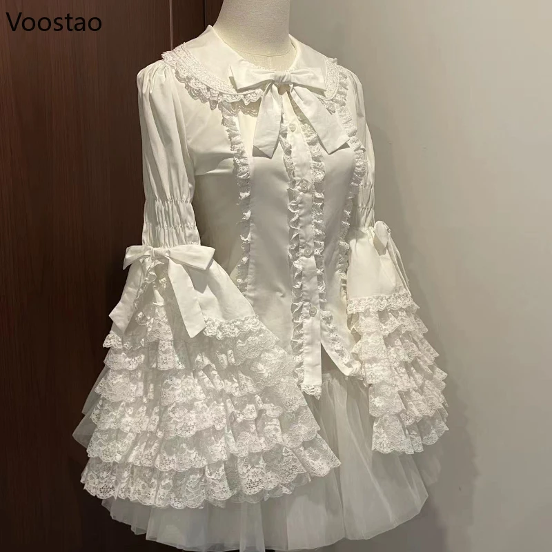 Victorian Vintage Lolita Style Shirts Women Gothic Y2k Bow Lace Ruffle Flare Long Sleeve Blouse Japanese Sweet Elegant Cute Tops