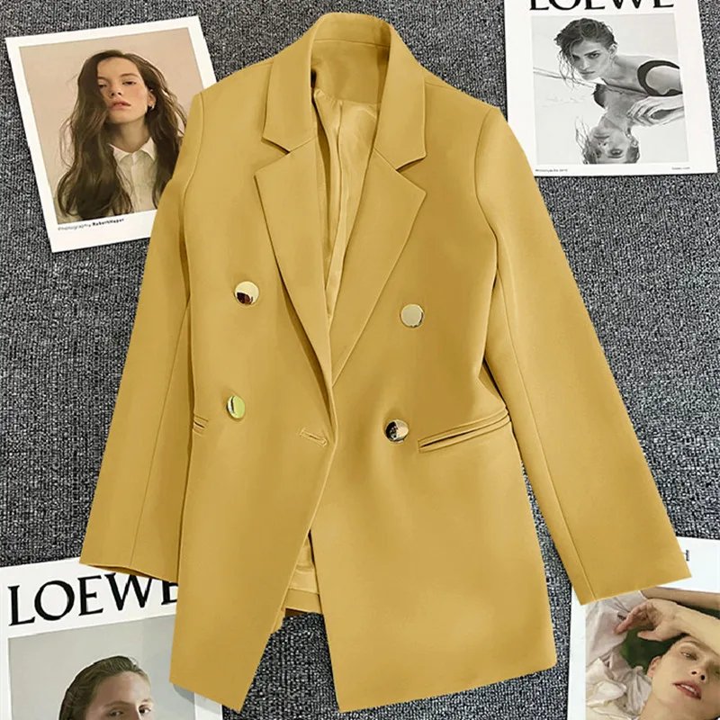 

Women Fashion Solid Blazer Lapel Slim Double Breasted Long Suit Coat Female Wild Office Lady Commute Woman Outercoat Top