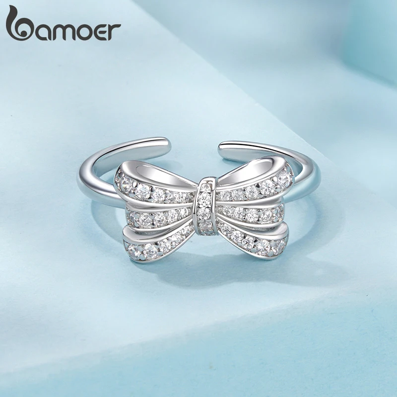 BAMOER White Gold Plated Bowknot Ring with Zircon, Adjustable Statement Ring for Women Unique Bow Design Jewelry YIR249-E