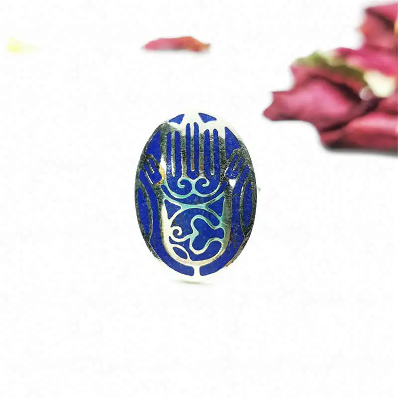 Tibetan Rings Buddhist Buddha Hand Amulet Stamp Ring Copper inlaid Stone Oval R030