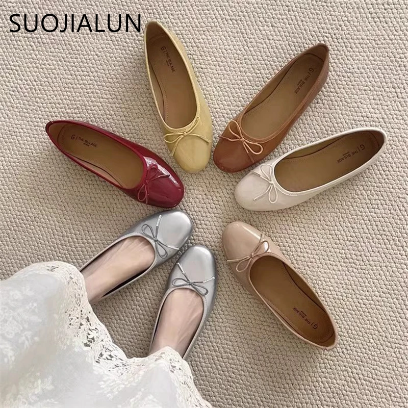 SUOJIALUN sepatu datar wanita, sneaker balerina hak datar lembut leher bulat Slip On dangkal untuk perempuan