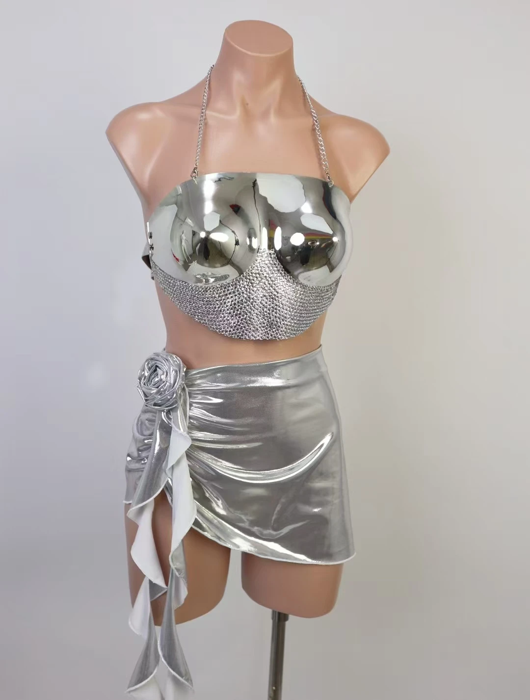 

Armor Bra erotic lingerie costume shinning mini skirt tube top cheerlead nightclub stage party festival Carnival Drag Queen