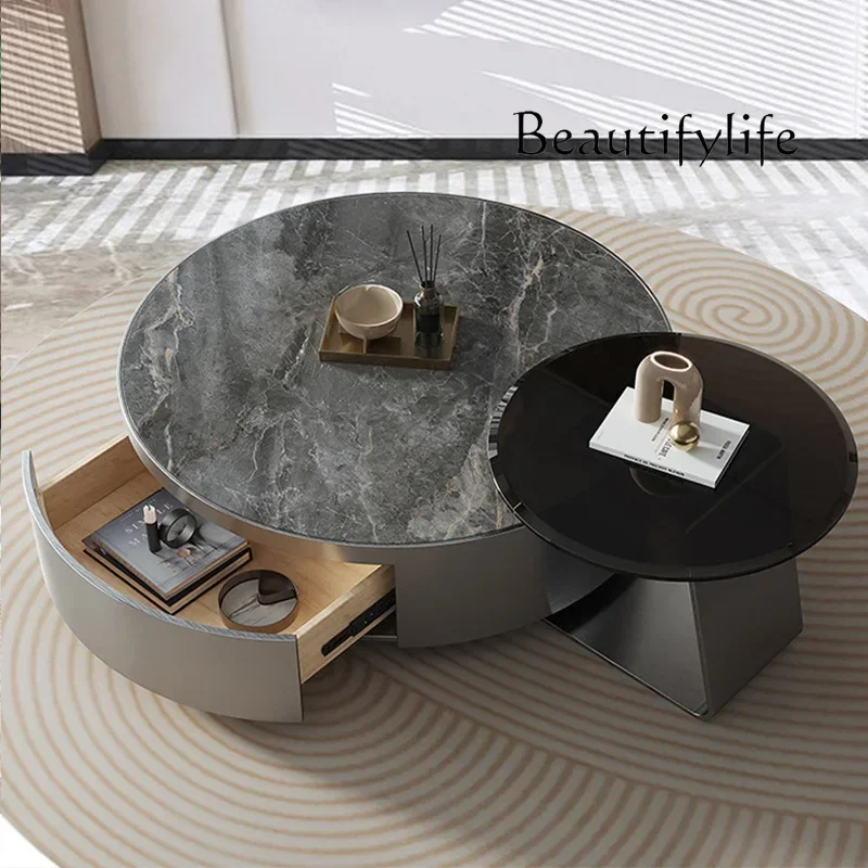 

AA Stone Plate Coffee Table Combination Small Apartment Modern Light Luxury Stainless Steel Size round Tea Table Household