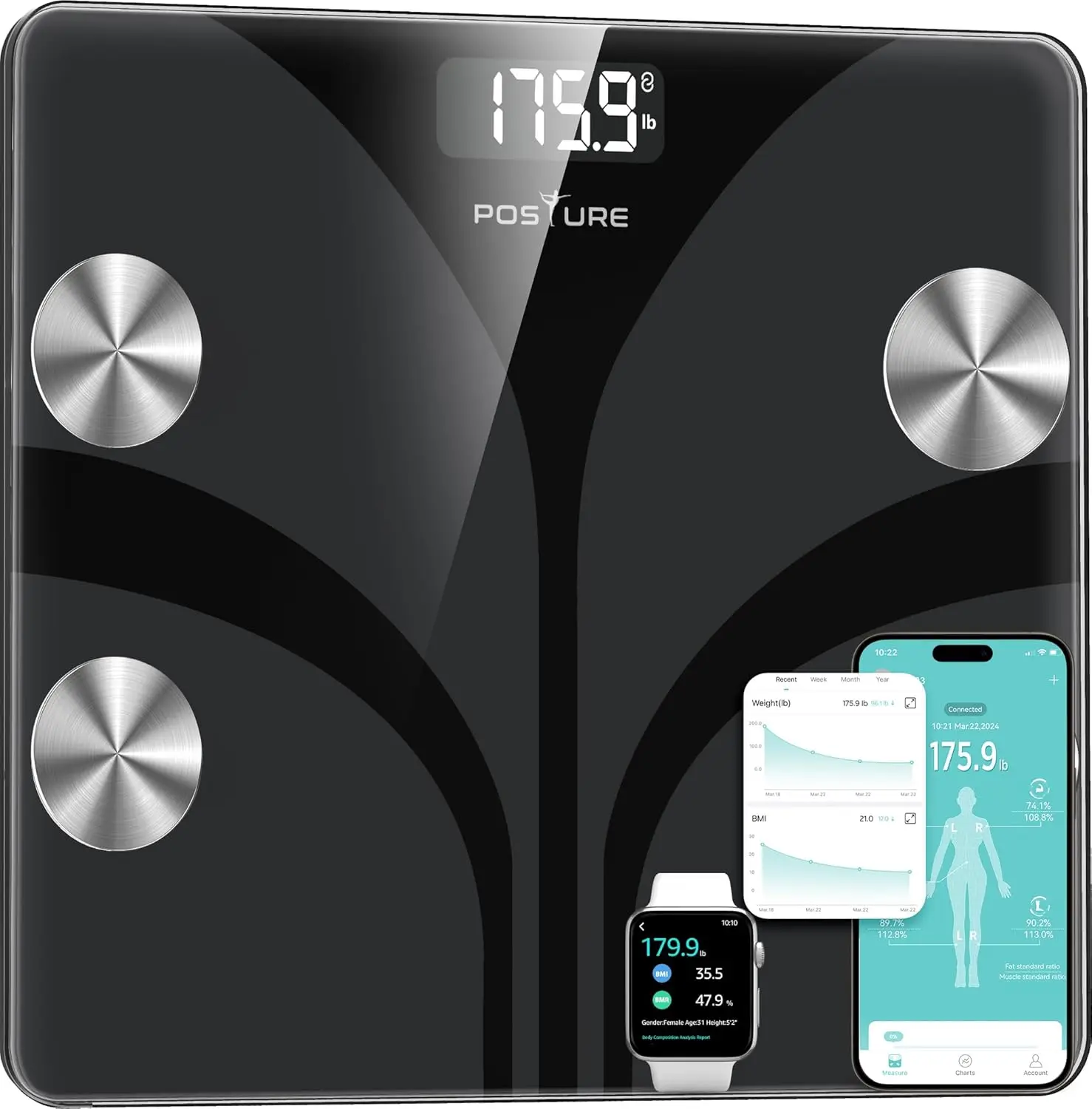 

Digital Smart Bathroom Scale with 13 Body Composition Analysis, Syncs to Apps, Capacity 400lbs - Black
