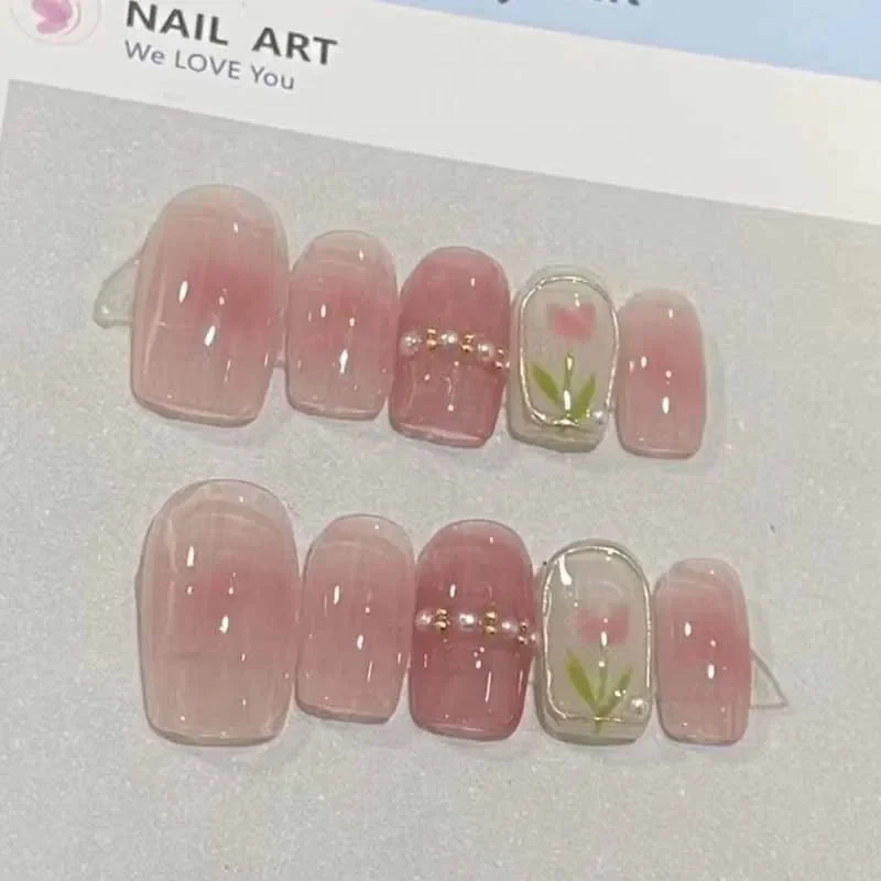 10 Pcs Handmade Women Fashion New Style Press On Nails Ins Style Trend Butterfly Knot Tulip Flowers Short Nail Art Nail Plate