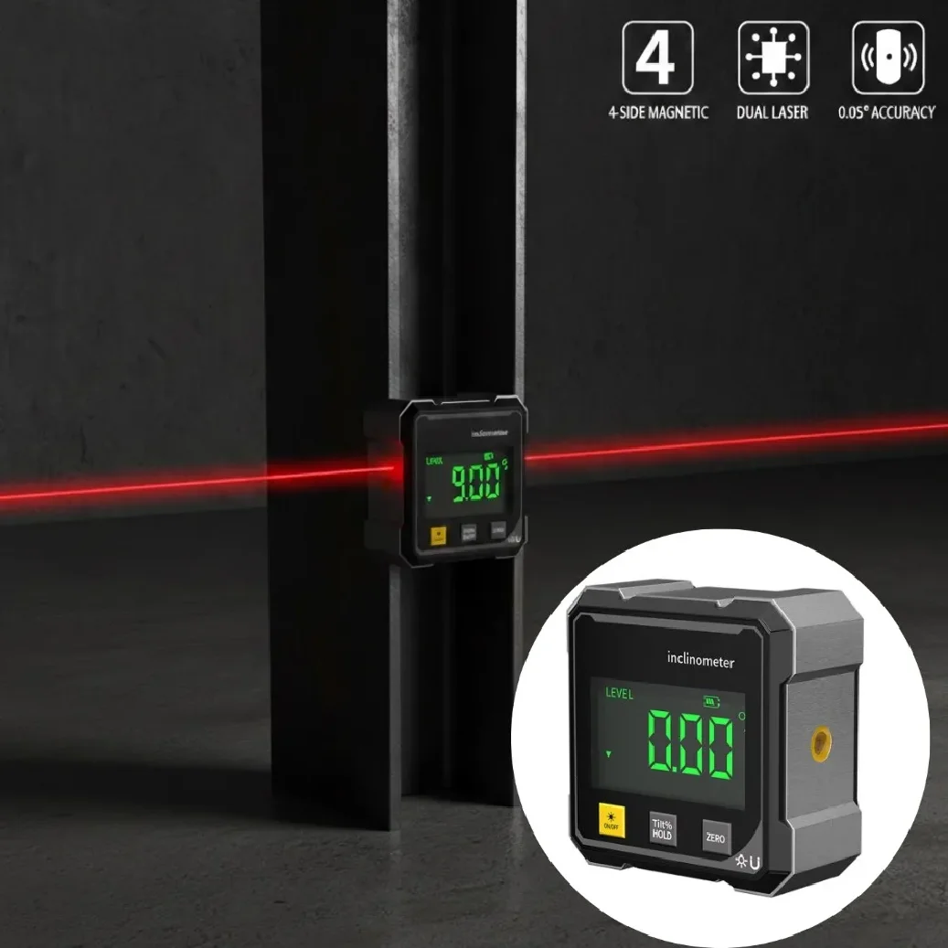 4-Sided Magnetic & Dual Laser Digital Inclinometer High Precision Angle Finder Level for Woodworking, Metalworking and Construct