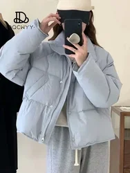 Jaqueta puffer de algodão casual japonesa e coreana feminina, monocromática, gola alta, moda curta, roupa de pão, casaco de inverno quente, 2023