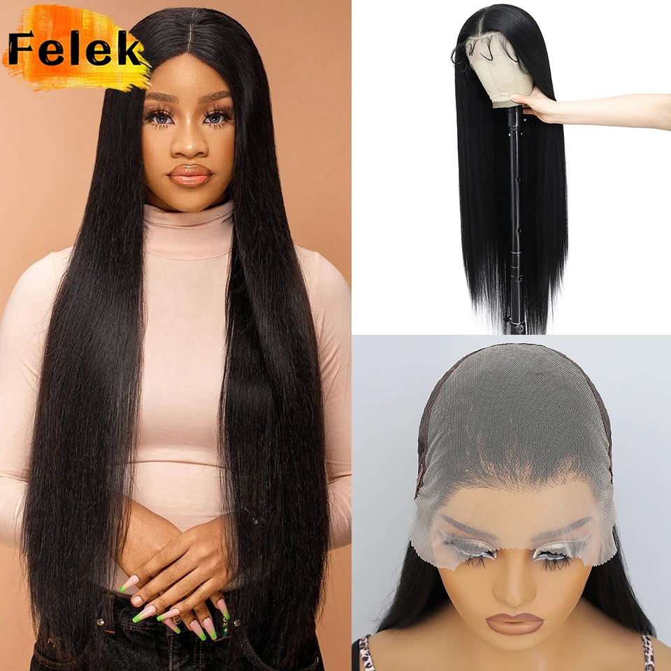 

40 "черные синтетические кружевные фронтальные парики 13 × 6 предварительно выщипанные длинные прямые парики фронта шнурка для женщин, высокое качество, легко носить афро парики