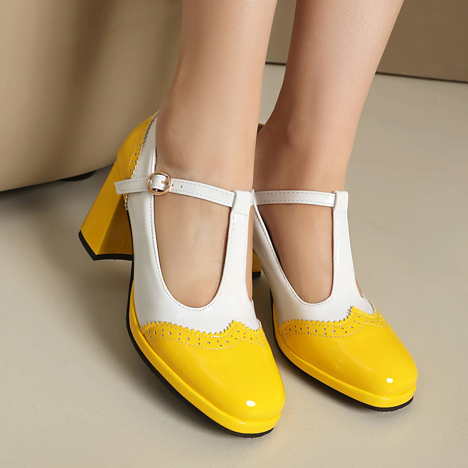 Women's Mary Jane Shoes 2026 T Strap Chunky Heel Dress Pumps Mixed Colours Openwork Lace Spring Summer Walkwear