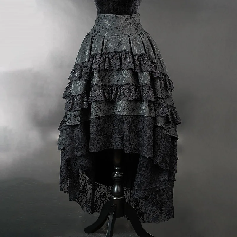 Vintage Gothic Lolita Steampunk Pirate Irregular Ball Gown Skirts Women Black Lace Ruffles Medieval Halloween Carnival Costumes