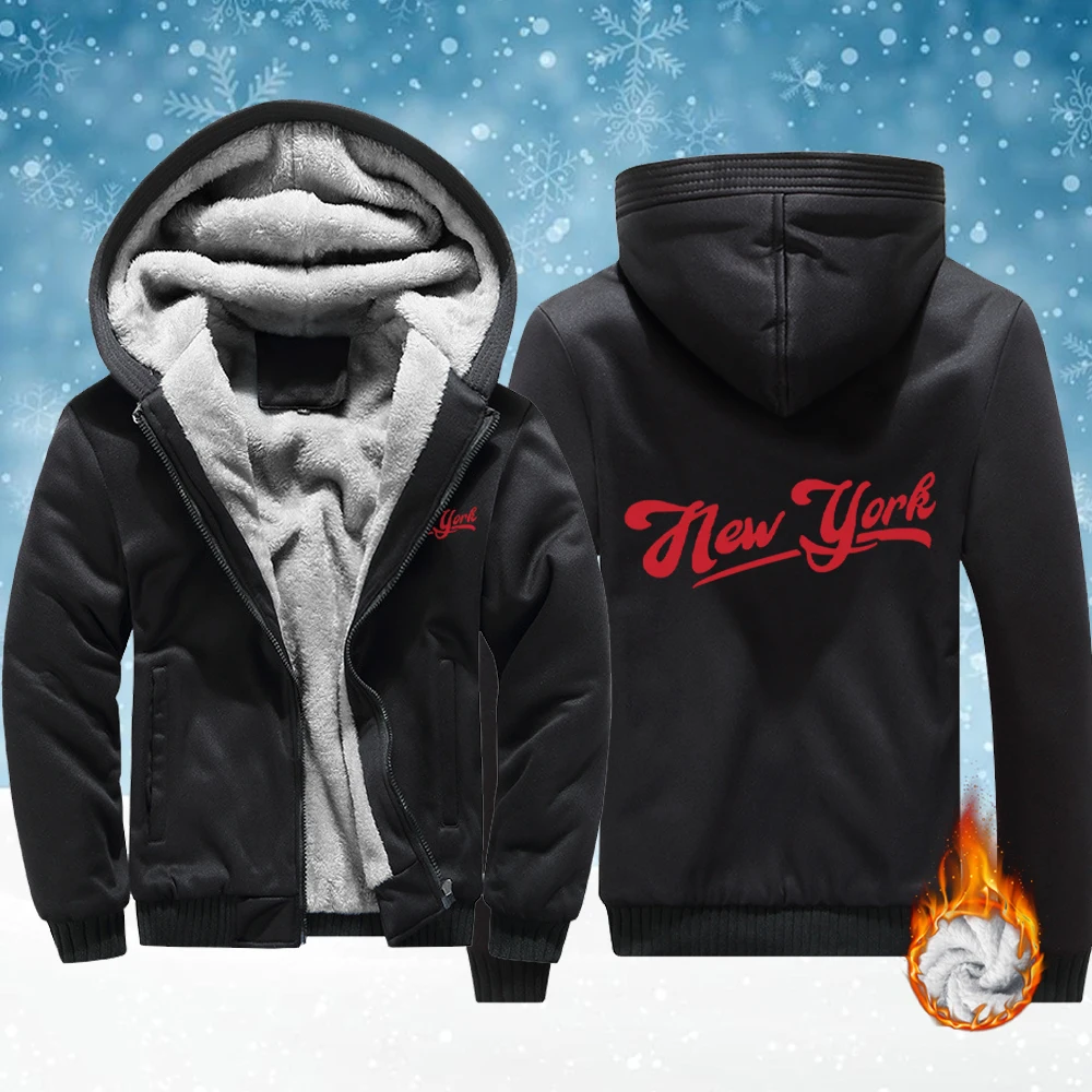

New York Letter Creative Pattern Men'S Fleece Fashion Jackets Winter Basics Coat Warm Thicken Hoodie Comfy Zipper Sportswear