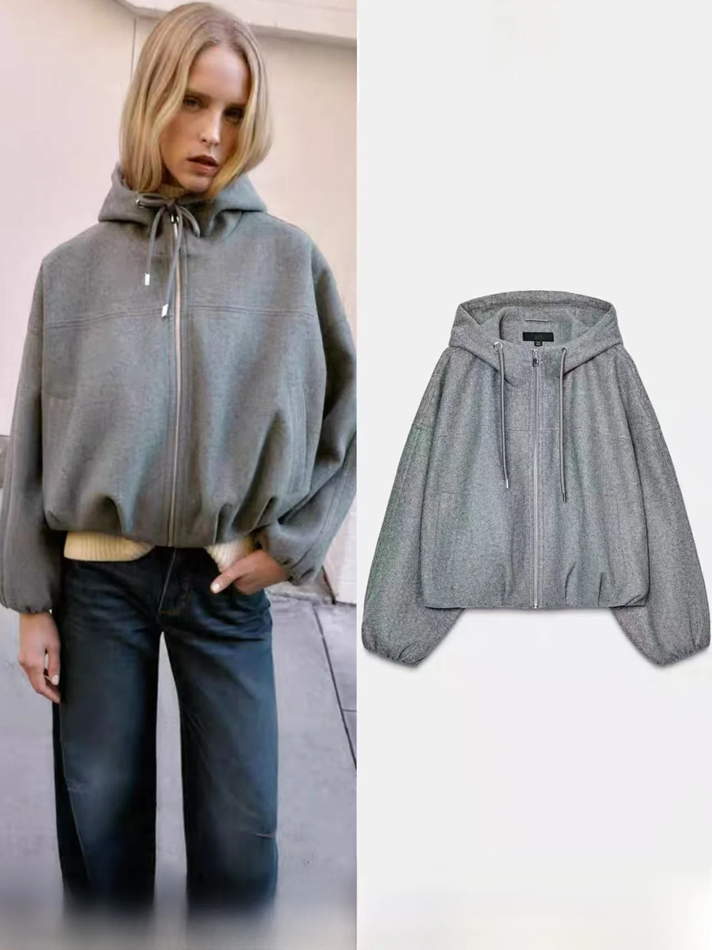 

Spring New Soft Material Loose Women's Pilot Jacket Hoodie Casual Style Long Sleeve Short Coat Zipper Closure No Brand