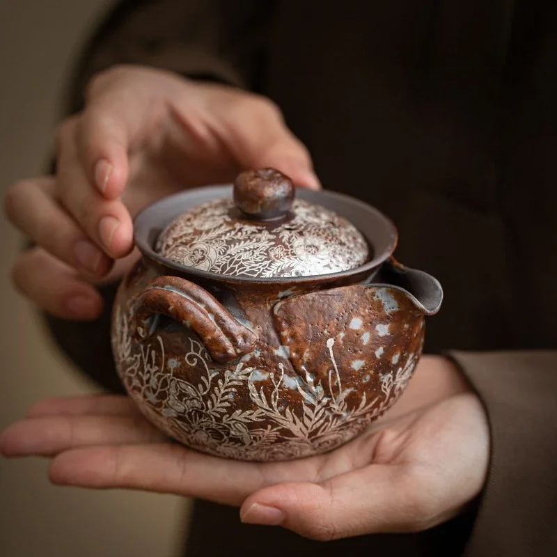 190ml Retro Flower Gilded Silver Hand Grasping Pot Old Rock Mud Treasure Bottle Pot Coarse Pottery Filter Kettle Kung Fu Teaset