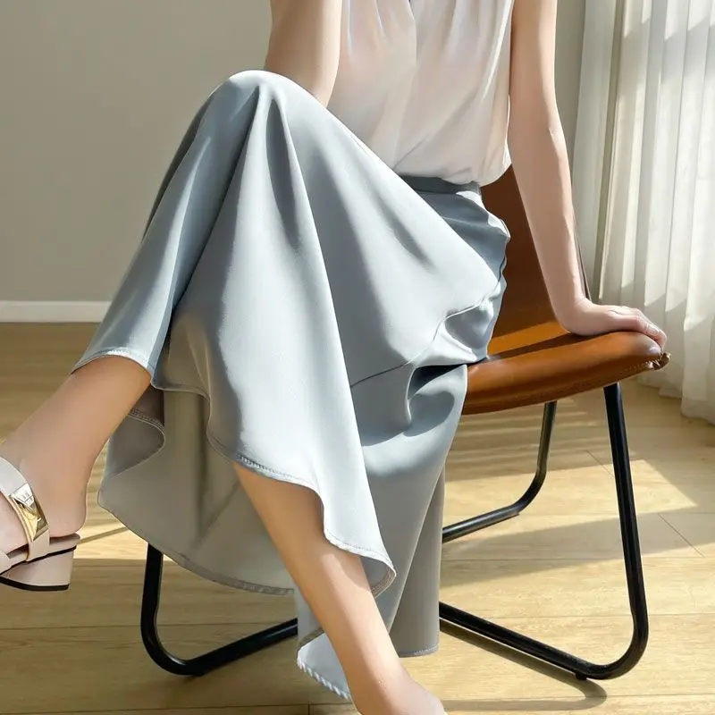 Silk Satin A-Word Big Swing Skirt' Ladies New High-Waist Hip Long Skirt 2024 Summer Fashion Solid Wild Mulberry Silk Skirt New