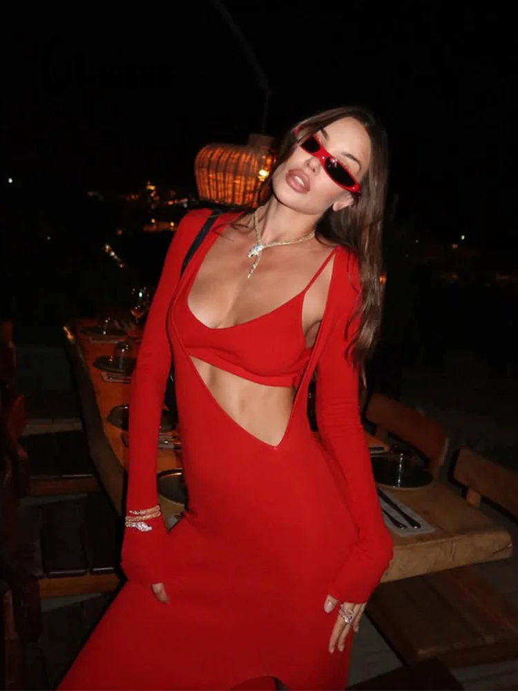 

CNYISHE Solid Hollow Out Sexy Club Women Sets Long Sleeve Split Party Outfits Fashion Female Hip Wrap Suits 2-Pieces(Tops+Dress