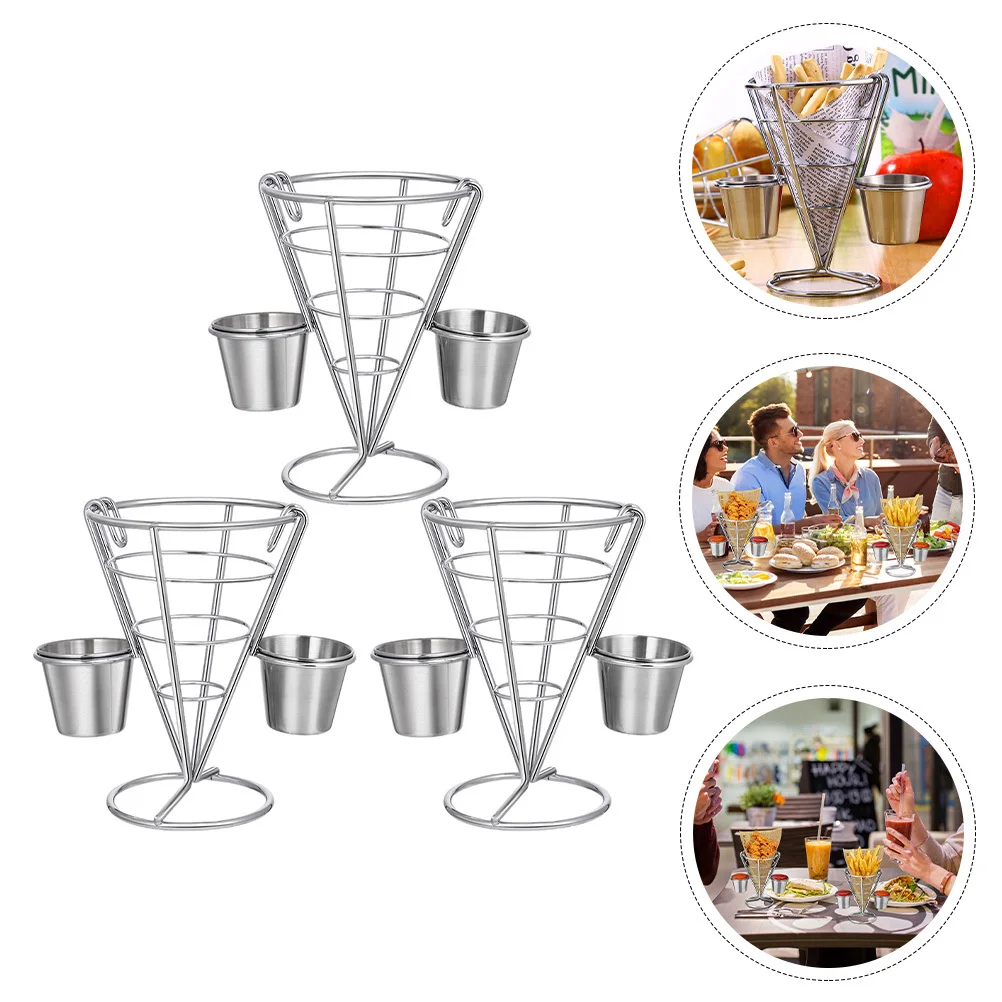 

3pcs Fried Food Rack Dessert Display Stand Snack Serving Rack Black Iron Mesh Appetizer Holder French Fries Cone Basket Storage