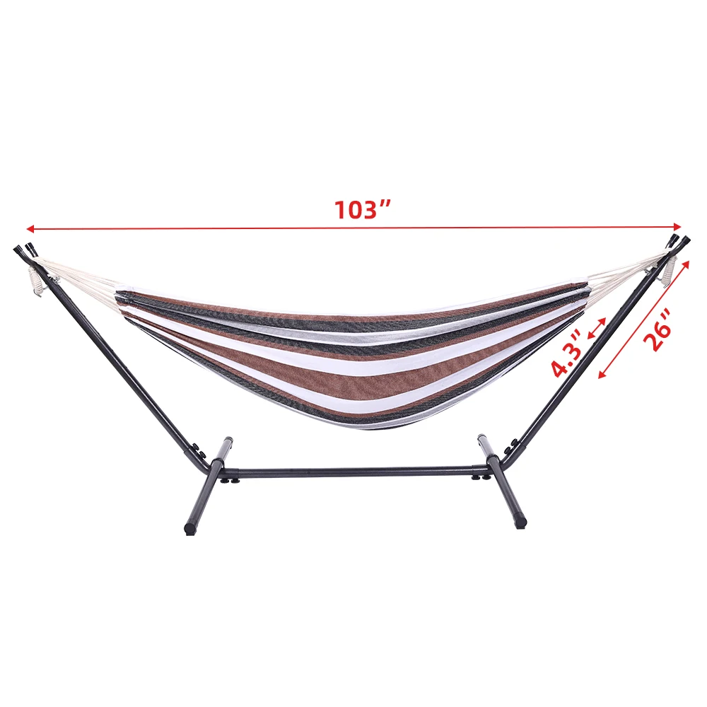 Professional Black Silver Flowers Hammock Stand With Polyester Coffee Stripe Hammock  Outdoor Furniture