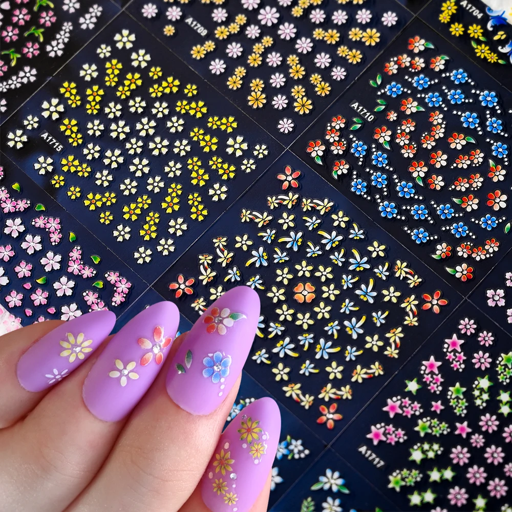 24pcs Floral Nail Art Stickers Set Colorful Daisy Flower Dragonfly Design Decals 3D Self-Adhesive Shiny Nail Art DIY Accessories