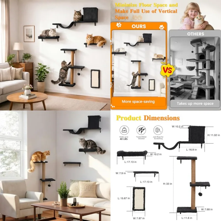 

5-in-1 Cat Wall Shelves for Indoor Cats, Wall Mounted Cat Furniture with Bed, Cave, Scratching Post and Perch, Multi-Level Cat