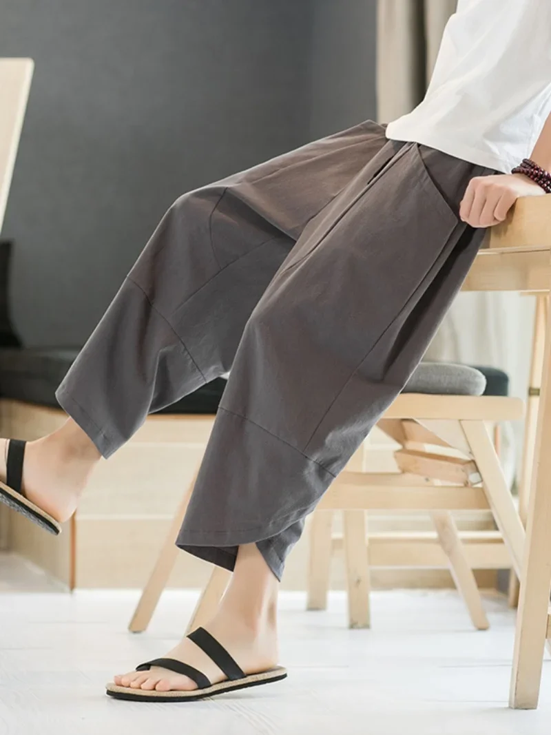 

Summer Chinese Style Cotton Linen Cropped Trousers Retro Wide-leg Breeches Oversized Casual Shorts
