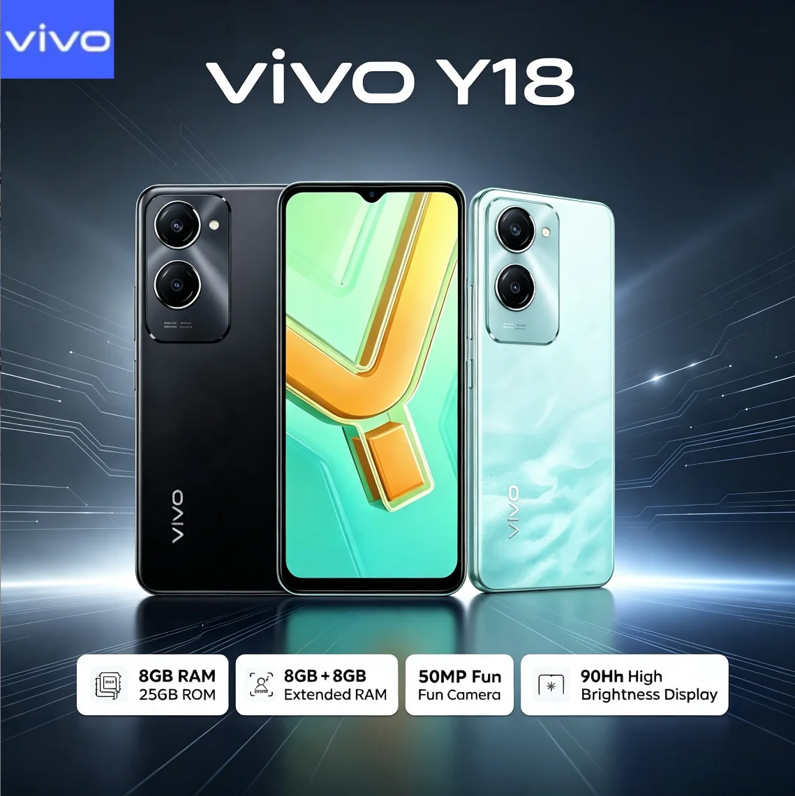 2026 Brand New VIVO Y18 Unlocked Mobile Phone 8GB RAM 256GB ROM 90Hz Refresh Rate Screen 5000mAh Capacity Battery High