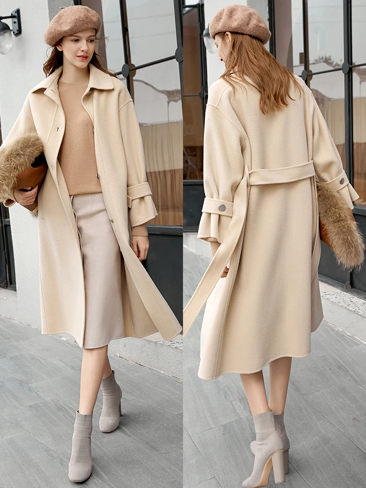 Amii Winter Women Fashion Double Woolen Coat  Elegant Lapel Solid Loose with Belt Female Long Jackets Overcoat 11920244