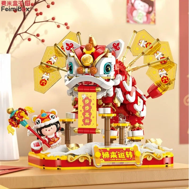 Feimibox Lion Dance Building Blocks Assemblaggio 3D Blocchi di mattoni Bambini Splicing Giocattoli Decorazione domestica creativa Modello di azione Regalo