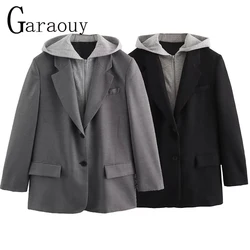 Garaouy 2024 Spring Women Casual Chic Hooded Suit Jacket Female Fake Two Pieces Blazer Office Lady Loose Simple Outwear Coat Top