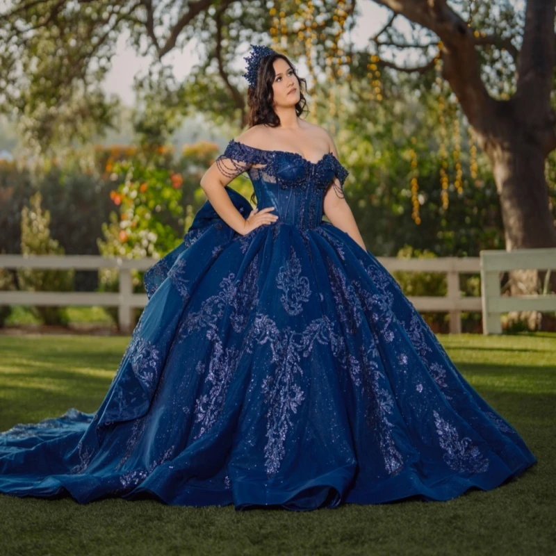 

Navy Blue Shiny Quinceanera Dresses Ball Gown Off The Shoulder Sequin Applique Lace Beading Crystal Tull Sweet 16 Dress Vestidos