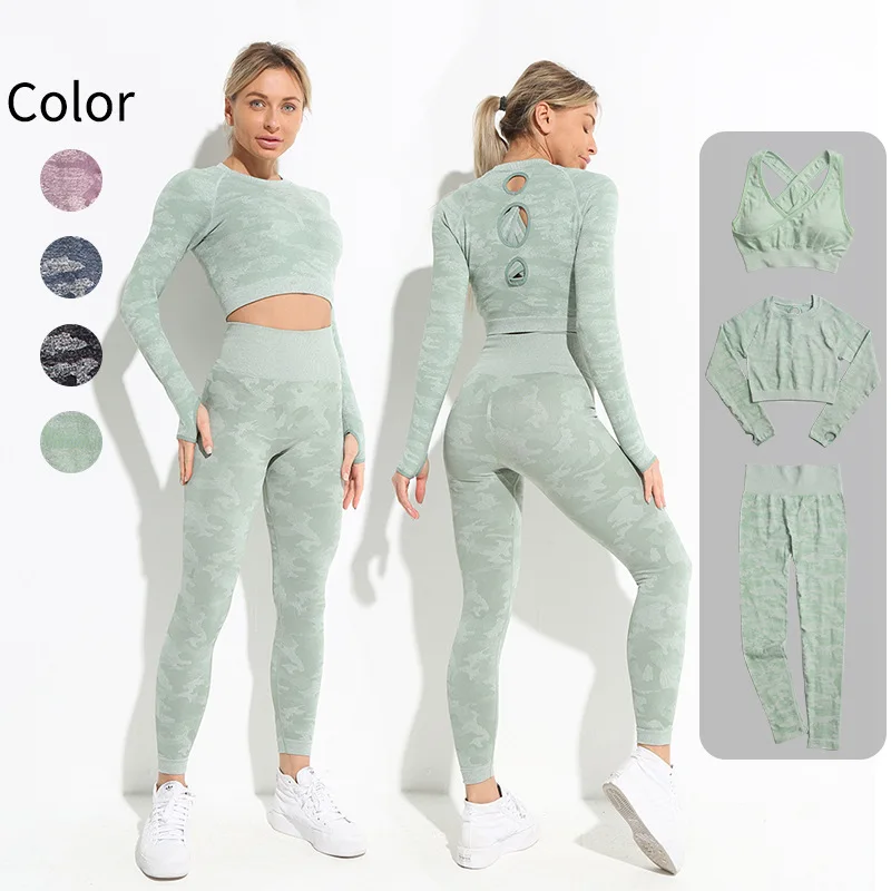 

Custom Logo 3 Piece Yoga Clothes Camouflage Tight Hip Raise Seamless Running Long Sports Suit Women Leggings Sportswear Gym Set