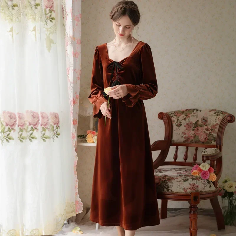 Women Comfortable Solid Color Night Dress Autumn Winter Fairy Velvet Long Nightgown Sexy Square Collar Full Sleeve Nightdress