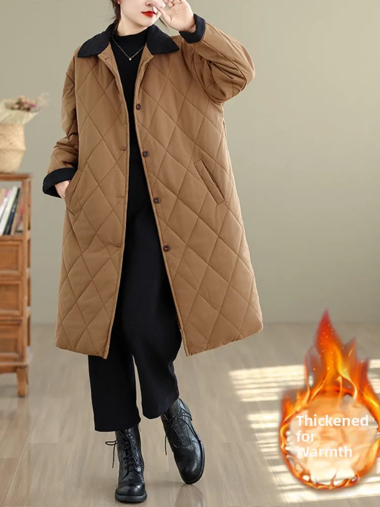 

Женское зимнее пальто средней длины из хлопка длиной до колена в стиле ретро с теплым воротником и хлопковой вставкой