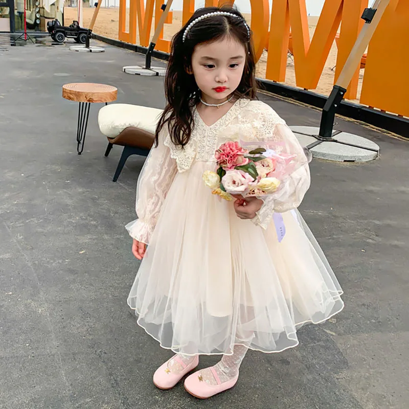 

Girls Dress Long Sleeve Lace Princess Dress Children Clothing Autumn Winter Pearl Gauze Skirt For Birthday Party Baby Baptism